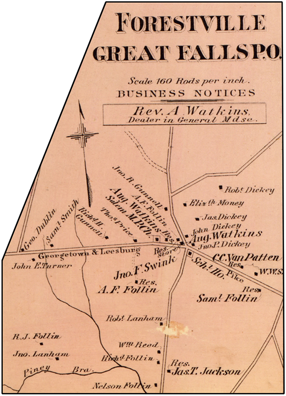 Detail of a color map of Fairfax County published in 1879. The village of Forestville is highlighted in detail. Georgetown Pike and Walker Road are visible. Small squares indicate the location of homes and businesses, some of which have been labeled with the name of the homeowner or the type of business. A schoolhouse is located at the southeast corner of the intersection of the two roads. Some of the individuals named on the map are John Gunnell, Thomas Price, John Turner, Richard Follin, Samuel Follin, John Dickey, and Elizabeth Money. Salem Methodist Episcopal Church and a store are shown near the center of the village.