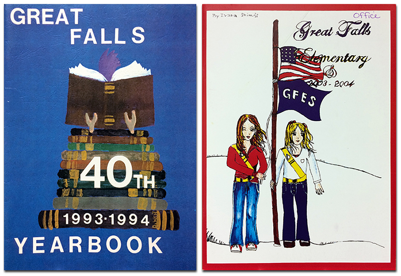 Photograph showing the cover of two Great Falls Elementary School yearbooks. On the left is the cover of the 1993 to 1994 yearbook. It has a dark blue background. In the center is an illustration of a roadrunner seated atop a stack of books, reading a book. Only the top of the roadrunner’s head and its feet are visible behind the open book. On the right is the cover of the 2003 to 2004 yearbook. The cover is white with a red border and features a student-drawn illustration of two female safety patrol students standing next to a flag pole. The girls are raising the American flag.