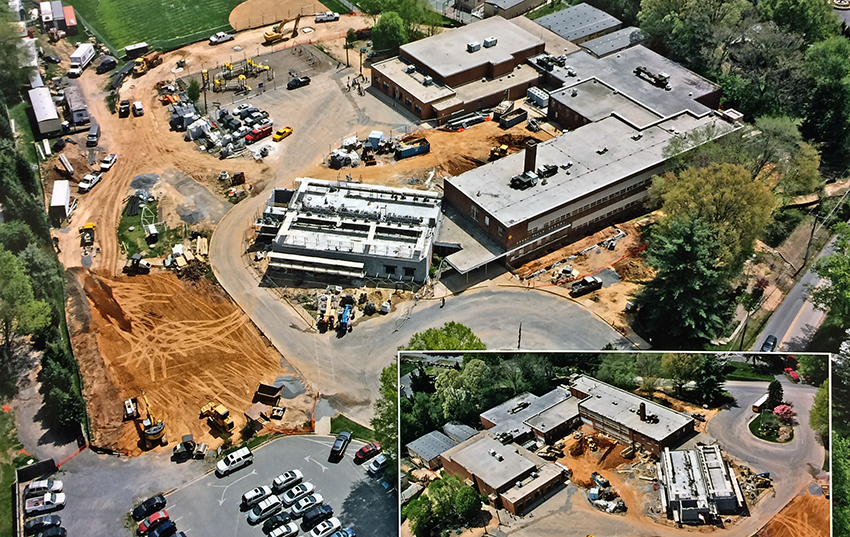 Aerial photograph of Great Falls Elementary School taken on April 28, 2009, during renovation. The grass around the building has been removed. Construction of exterior walls has begun on the six-classroom wing of the building where a second story is being added.