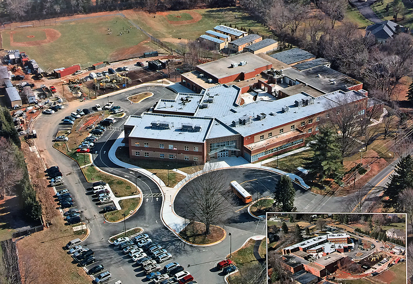 Aerial photograph of Great Falls Elementary School taken on January 28, 2010, after the renovation was complete. A new main entrance has been built, and a new wing connects the front of the building with the gymnasium and SACC classrooms.