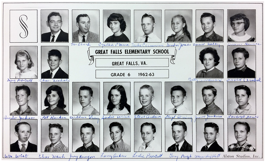 Photograph sheet from the 1962 to 1963 school year showing Mr. Clark’s sixth grade class. The sheet consists of individual head-and-shoulders portraits of students arranged in rows similar to a yearbook page. The photographs are all in black and white. There are no printed names for the students, so someone has gone in with a blue ink pen and written the names of the children and teacher below their portraits. 25 children, the teacher, and the principal are pictured. 