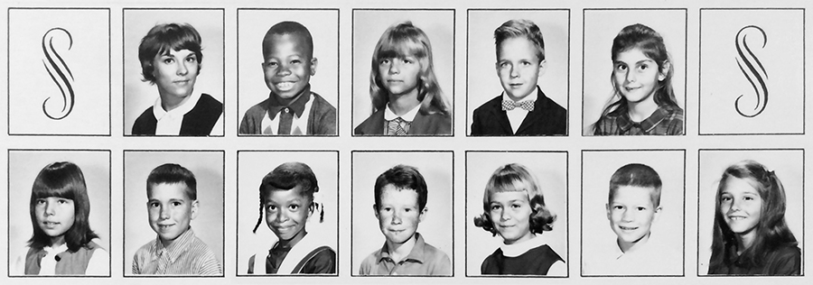 Detail of a photograph sheet from the 1965 to 1966 school year showing an unspecified third grade class. The sheet consists of individual head-and-shoulders portraits of students arranged in rows similar to a yearbook page. The photographs are all in black and white. There are no printed names for the students. 11 children and one female teacher are shown. Two of the children are African-American; the others are Caucasian. 
