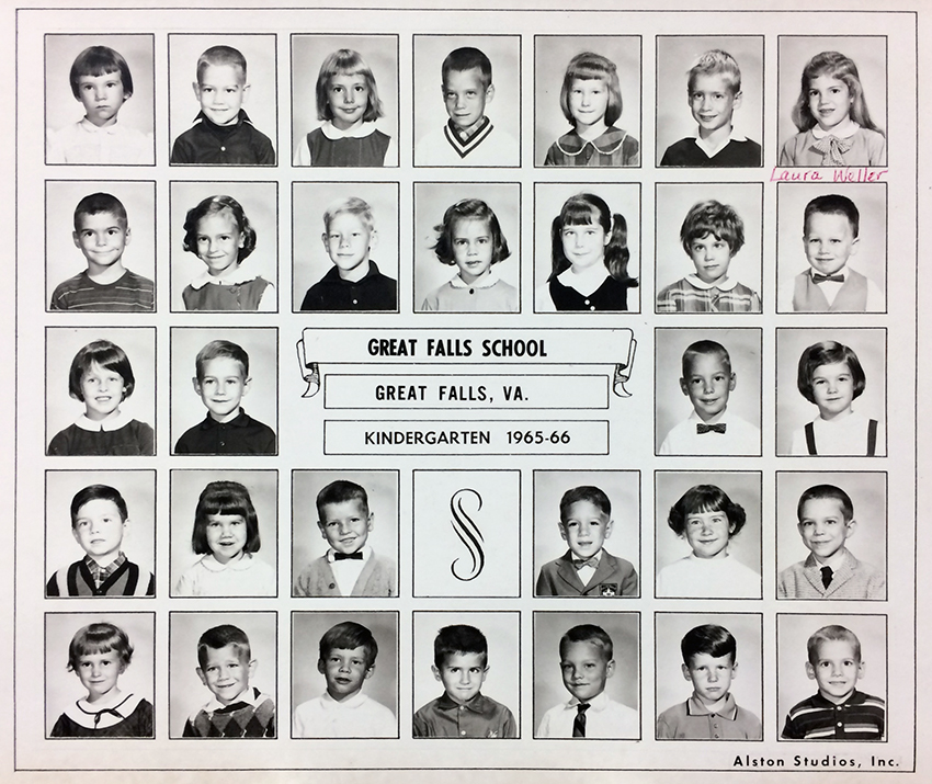 Photograph sheet from the 1965 to 1966 school year showing a kindergarten class at Great Falls Elementary School. The sheet consists of individual head-and-shoulders portraits of students arranged in rows similar to a yearbook page. The photographs are all in black and white. There are no printed names for the students, so someone has gone in with a red ink pen and written a name under one of the children. 31 children are pictured. No adults are shown. 