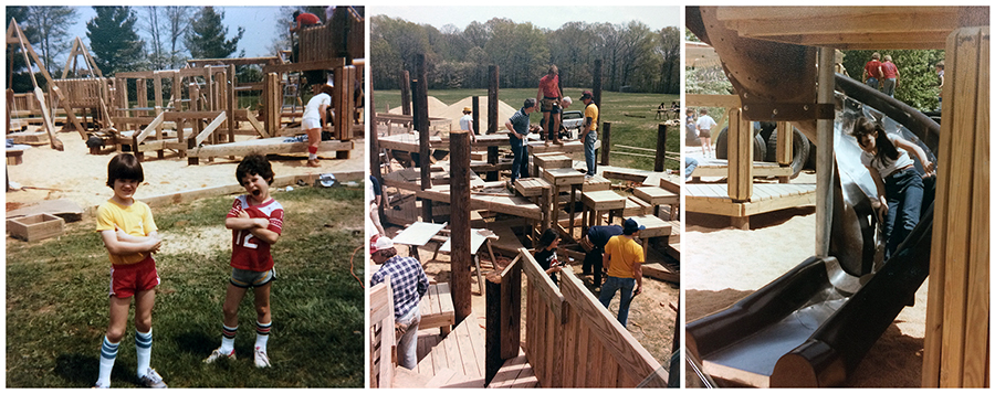 Three photographs showing various views of the playground. On the left, two male students are standing in front of the playground, posing for the camera. The center picture was taken on one of the climbing structures and looks down on the adults working on another part of the playground. The third picture, on the right, shows a girl coming down a spiral metal slide.