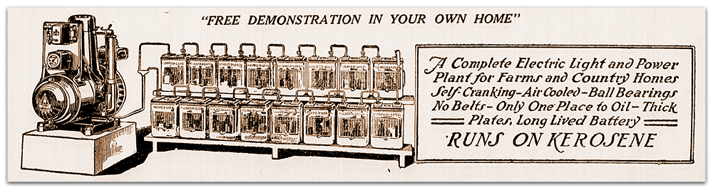 Photograph of an advertisement published in the Richmond Times-Dispatch on April 25, 1919. The ad shows an illustration of the Delco-Light system with a small kerosene powered generator on the left and a bank of batteries on the right. The generator is connected to the batteries by pair of wires. Text on the ad states – Free demonstration in your home. A complete electric light and power plant for farms and country homes. Self-cranking and air cooled, ball bearings, no belts, only one place to oil, thick plates, long lived battery, runs on kerosene.